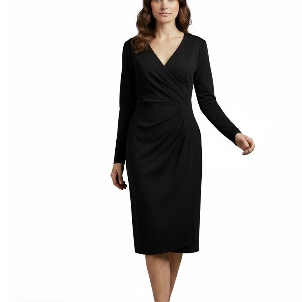 NWT Calvin Klein Sheath Dress Women 2 Black Long Sleeve Ruched Wrap V-Neck Midi